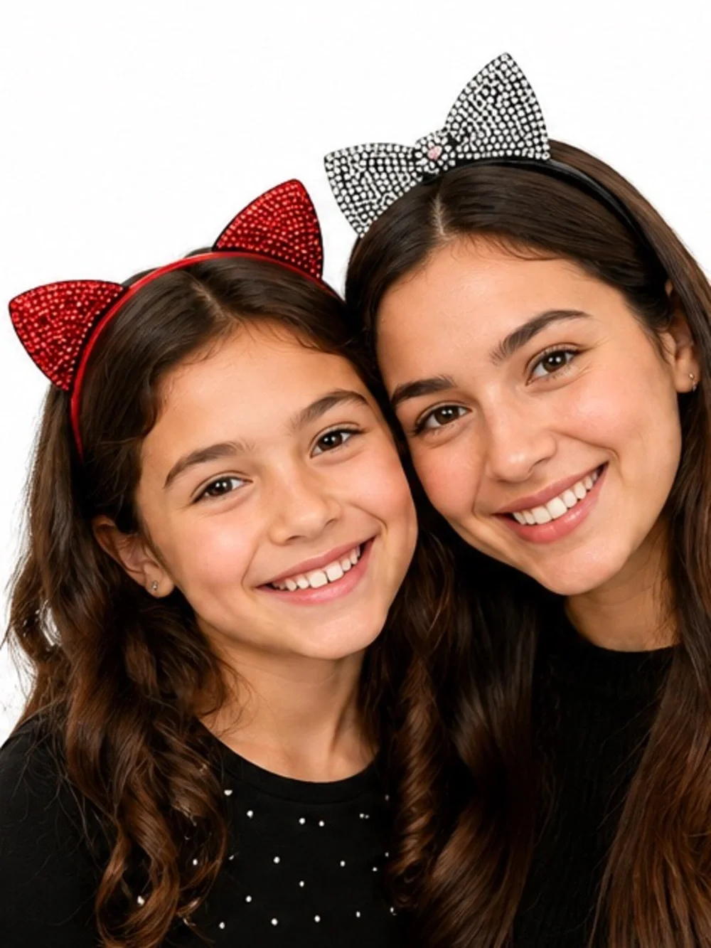 NEW - Set of 2 Rhinestone Headbands Red Cat Ears & Silver Crystal Bow